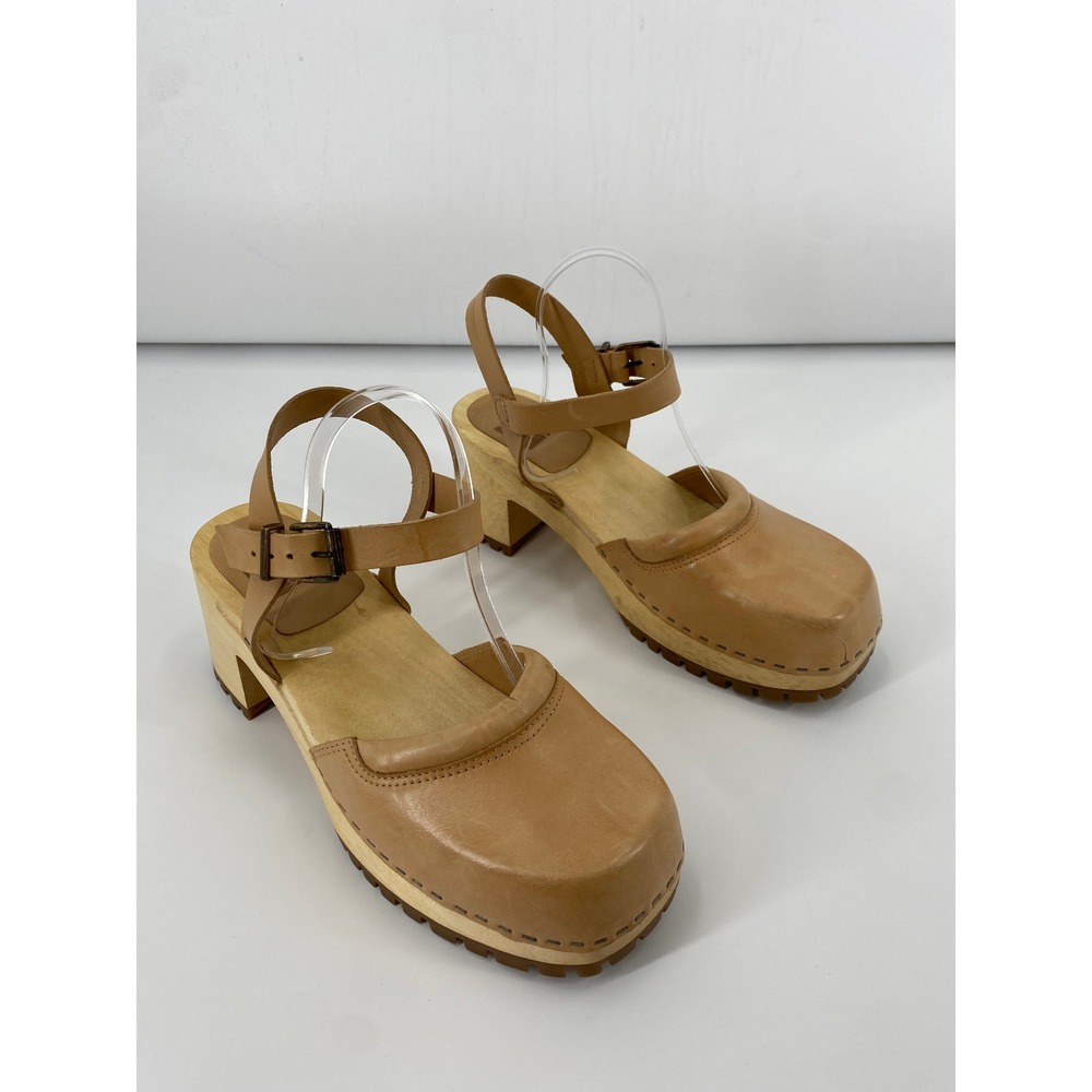 MIA‎ Clogs Platform Sandals Women 11 Tan Leather Ankle Strap Wood Block Heel Lug